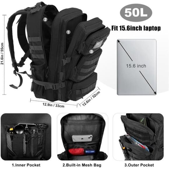 Tactical Military Backpack 50L Black Molle Hiking Bug Out Bag for Men Heavy Duty - Picture 3 of 7